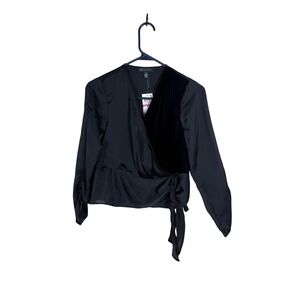 INC International Concepts Petite Black Velvet Wrap Blouse Ruched Sleeve PP NEW